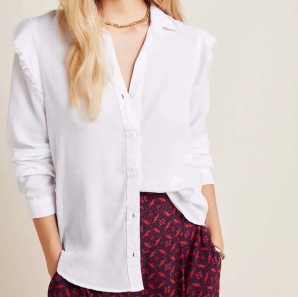 Cloth & Stone Anthropologie 100% Tencel White Frayed Ruffle Shoulder Button Down